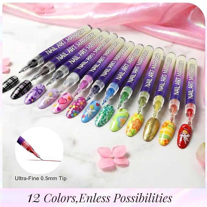 12 Color Nail Art Pens Set, Nail Art Markers & Nail Polish Pens with 0.5mm Fine Tip for Quick-Dry Graffiti, Dotting, Drawing, Painting, Liner - Professional DIY Home Salon Manicure Tools