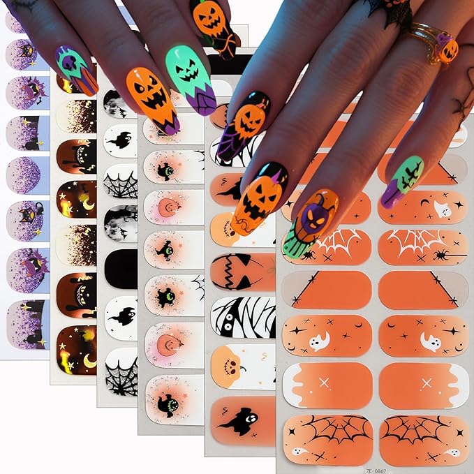 6 Sheets Halloween Nail Wraps Full Stickers Nail Polish Strips, DIY Self-Adhesive Nail Art Glow in The Darkness Decals Pumpkin Bat Ghost Spider with 1 Piece Nail Files for Party Decor (96 Pieces)