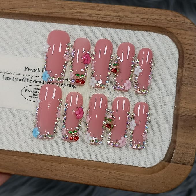 DazzleShine Press on Nails Long Square - Sheer Pink French Tip with Rhinestone Edge Luxury False Nails for Women,Glossy Handmade Acrylic Glue on Nails for Daily(L)