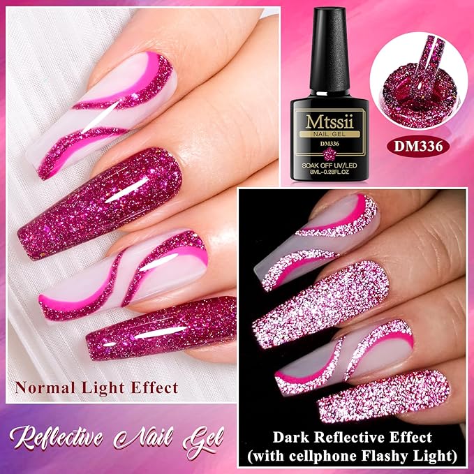 MTSSII Hot Pink Gel Nail Polish and Cat Eye Gel Nail Polish Spring Summer Hot Pink Red Purple Reflective Glitter Gel Polish for DIY Nail Art at Home