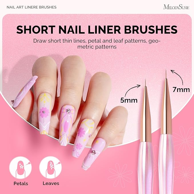 MelodySusie 5Pcs Nail Art Liner Brushes with Nail Brush Holder, Professional Gel Polish Painting Art Design Pen for Thin Long Lines, Tiny Details, Fine Drawing, Delicate Coloring Sizes 5/7/9/11/20mm
