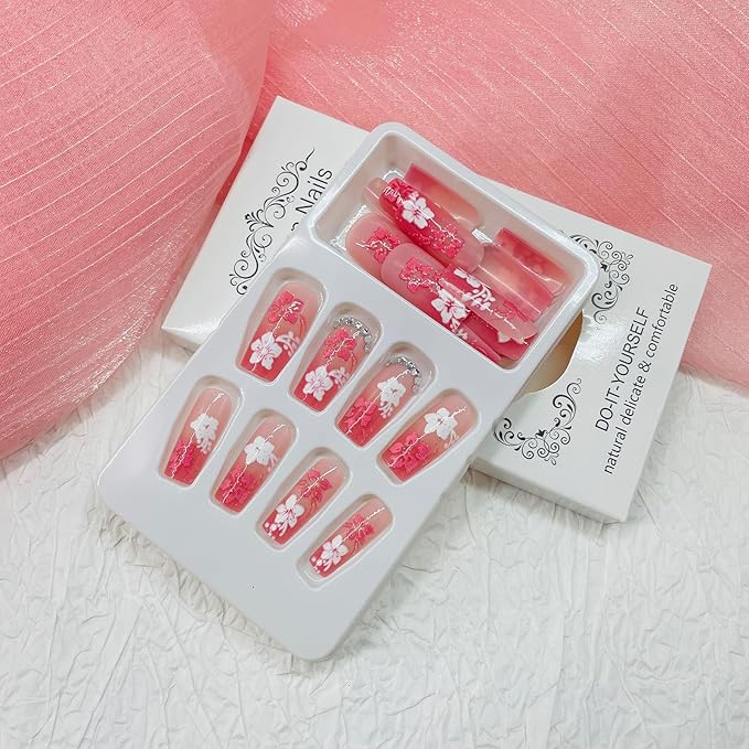 Square Press on Nails Medium Fake Nails with Designs White Flower Stick on Nail Rhinestone Acrylic False Nail French Glossy Artificial Nail Full Cover Glue on Nails for Women