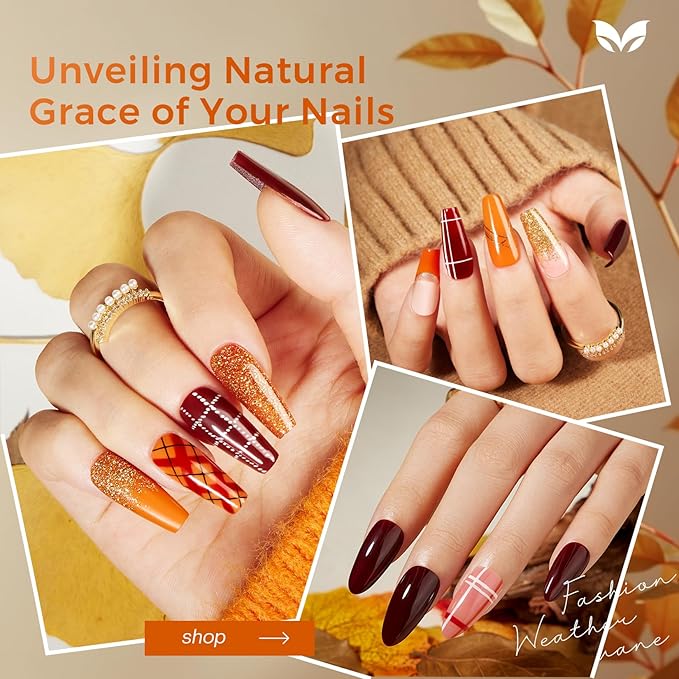 Morovan Orange Nail Polish Set: 6 Gold Maple Leaf Nail Polish Kit 2025 Glitter Autumn Fingernail Pumpkin Yellow Burnt Orange Art Quick Dry Nail Regular Mini Bulk Manicurist Women Girls Gift