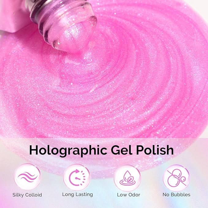 MelodySusie Jelly Pink Aurora Shimmer Gel Nail Polish, 0.5fl oz Soak Off UV LED Holographic Hot Pink Glitter Gel Polish Gift for Women Nail Art Manicure Salon DIY Nail Design Decoration at Home-G2610
