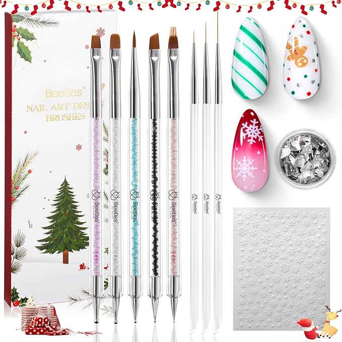Beetles Nail Art Brushes 8pcs – Crystal Nail Art Tools 5pcs Double-ended Nails Dotting Tool, 3pcs Striping Liner Brushes for Nails with Charms and Stickers DIY Manicure Design Tools