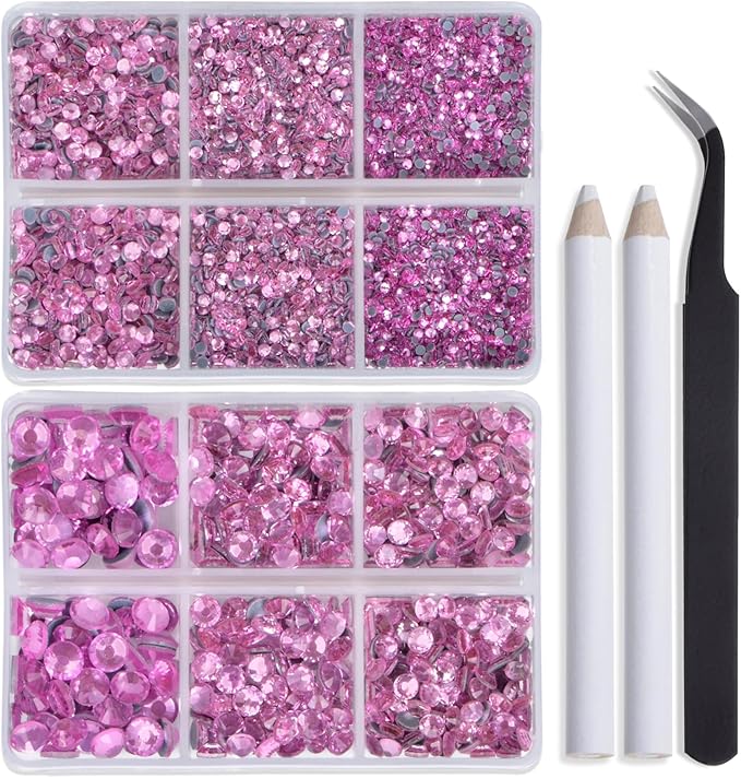 Bymitel Hotfix Crystal Rhinestones Round Gems for Crafts,Mixed 6 Sizes with Wax Pencil Kit, Lt. Rose 1.6-6.3mm SS4-SS30/8000pcs