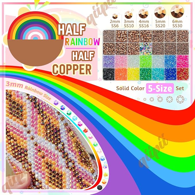 Copper Resin Rhinestones w B7000 Glue for Crafting Bedazzling 2mm-6mm Flatback Brown Colorful Jelly Stones Diamonds Gems Bedazzler Kit for Nails Face Eyes Makeup Tumblers Bottles Crafts Shoes