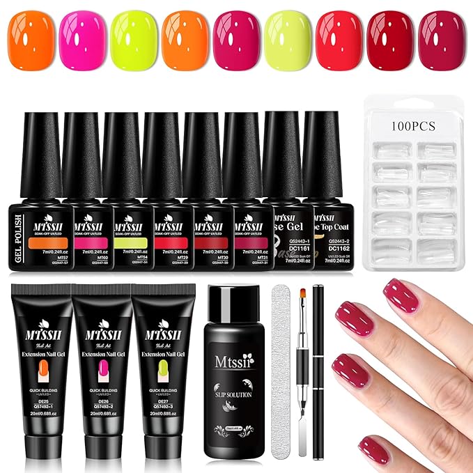 MTSSII 15Pcs Gel Nail Polish Set 6 Colors Neon Gel Polish + 3Pcs Poly Extension Gel Nail Kit Pink Orange Yellow Red Builder Gel Set for Beginner & Professional