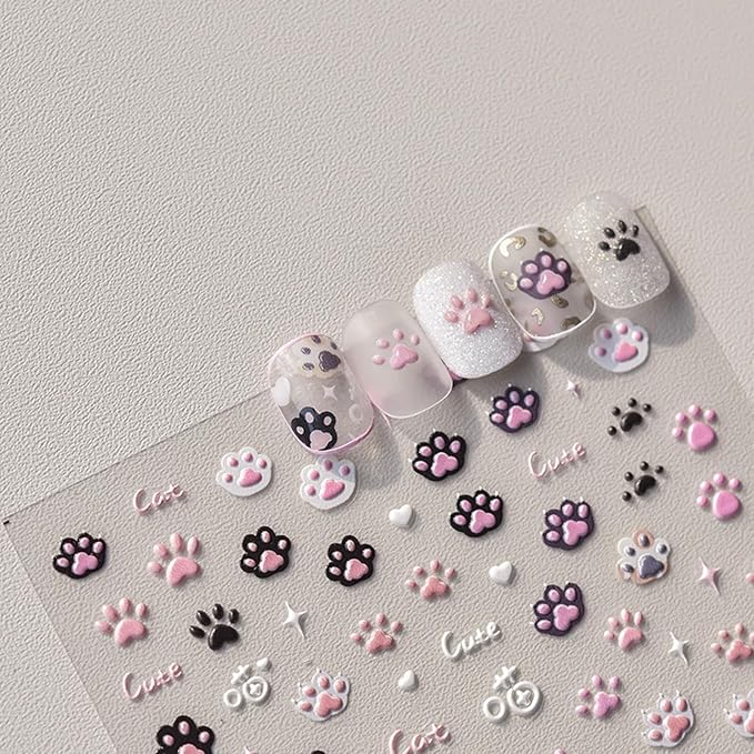 3 Sheets Cat Nail Stickers, Cute Nail Stickers, Cat Nail Decals, Cute Nail Art Stickers, Embossed Cat Claw Nail Stickers, Embossed, Cute Nail Supplies, Nail Art Stickers, DIY Nails