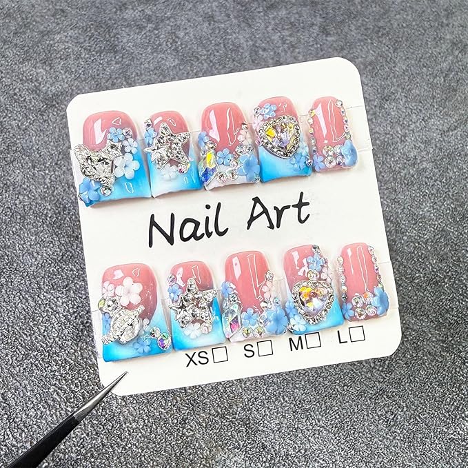 10 Pcs Handmade Acrylic Press on Nails Short Duck Fake Nails with Design 3D Flower Rhinestone Charm Glue on False Nails Blue White French Tip Artificial Handmade Nails for Women - Size M