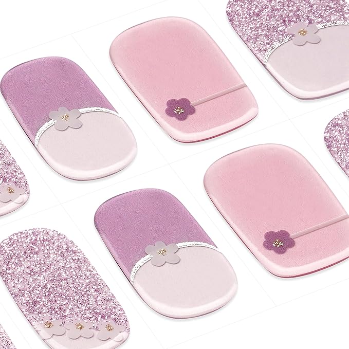 DANNI & TONI Semi Cured Gel Nail Strips Purple (Spring Whisper) French Tip Flowers Gel Nail Wraps UV Nails 28 Stickers