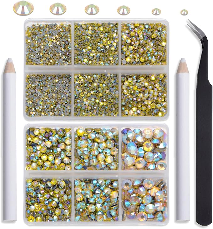NCB Hotfix Iron on 8000pcs Crystal Rhinestones Round Gem for Crafts Decoration DIY Jewelry Making with a Tweezers and 2 Picking pens (Citrine AB, 6Sizes SS4-SS30)