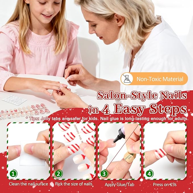 16 Sizes Press on Nails Kit for Kids - 32 Pieces French Almond Fake Nail Tips for Girls 8-12 Years Old with Jelly Nail Adhesives & No-Lamp Nail Glue, Birthday Christmas Easter Gifts Girl Stuff