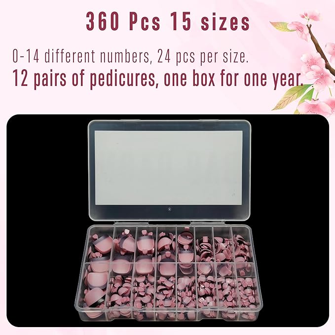 NOVO OVO Halloween Black French Tip Toe Nail Tips Press on, Soft Gel Toenail Extension, BERRY PINK Square Round Pre-applied Tip Primer & Base Coat, Full Cover Matte Nails for DIY x 15 Sizes 360Pcs