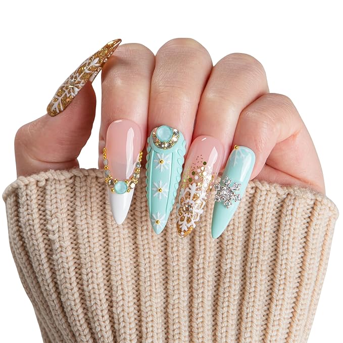 LOVFUL Short French Tip Press on Nails Gilded Snowfall | Handmade Acrylic Press ons| Reusable Fake False Nails | Stiletto Classic Regular 1.3in | H739-S