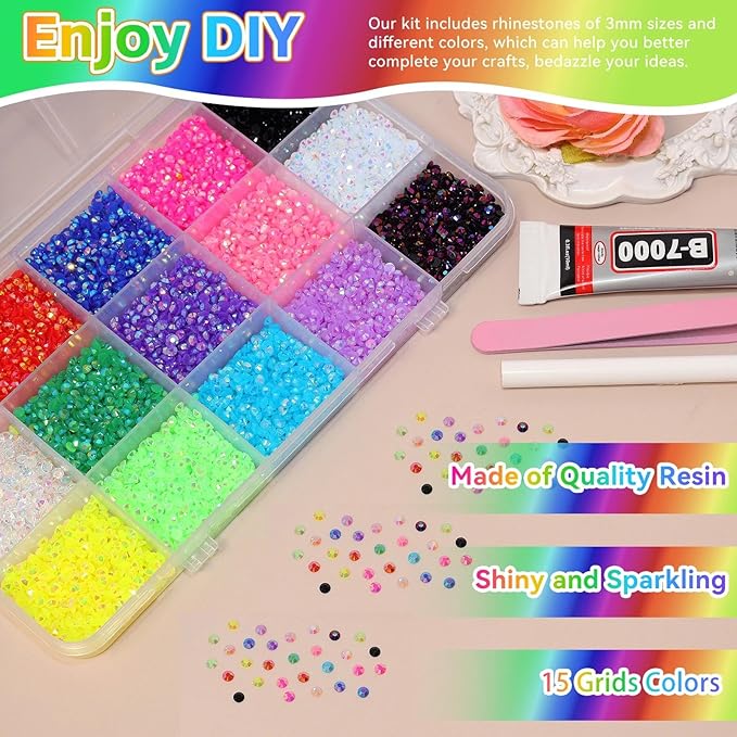 15000Pcs Color Rhinestones for Bedazzling Kit, 3mm Jelly Bedazzling for Crafting, Resin Flatback Rhinestones for Bedazzling, Color Gems Diamond for Crafting Face Makeup DIY Accessories