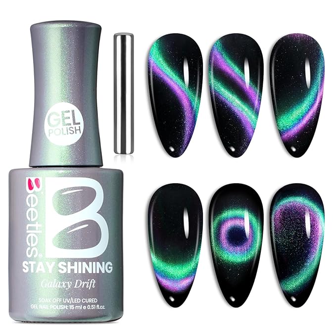 Beetles Stay Shining Cat Eye Gel Nail Polish - 15ML 9D Chameleon Cat Eye Green Purple Double Magic Colors Gel Polish with Magnet Soak Off UV Galaxy Drift Collection Nail Art Design Gift for Women