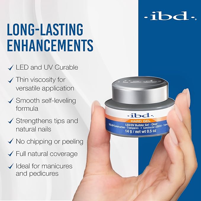 IBD Hard Gel LED/UV Builder Gel Clear – Nail Builder Gels for Extensions, Overlays & Sculpting, Long-Lasting Salon Quality, 0.5 oz