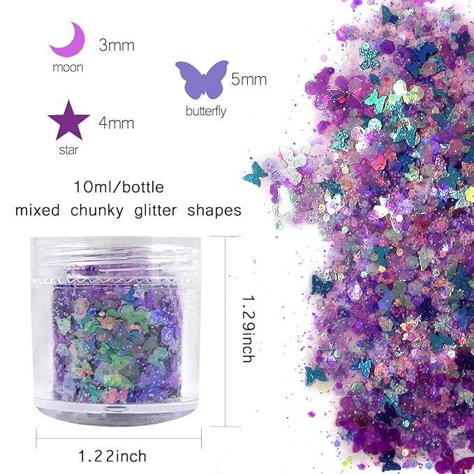 LoveOurHome 12 Colors Aurora Nail Glitter Flakes Iridescent Stars Heart Butterfly Flower Shaped Sequins Confetti Resin Accessories Sticker Acrylic Powder Decor for Nails, Crafts, Resin, Makeup