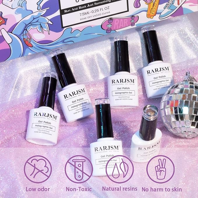 RARJSM Holographic Nail Polish Set, Spring Summer Color Gel Nail Polish Silver Gold Violet Purple Olive Green Blue Rose Gold Gel Polish 6PCS 7.5ML Curing Required Nail Art Manicure Salon