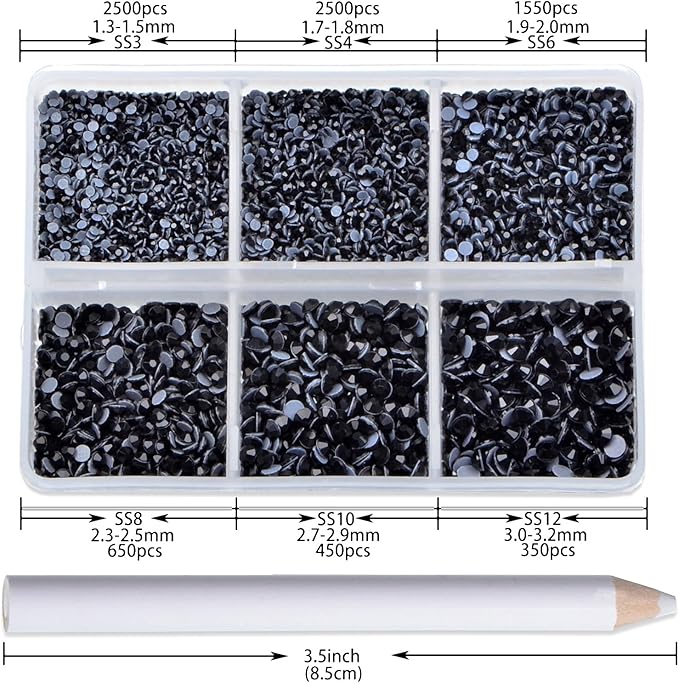 NCB Hotfix Iron on 8000pcs Crystal Rhinestones Round Gem for Crafts Decoration DIY Jewelry Making with a Picking Pen (Black, 6Sizes SS3-SS12)