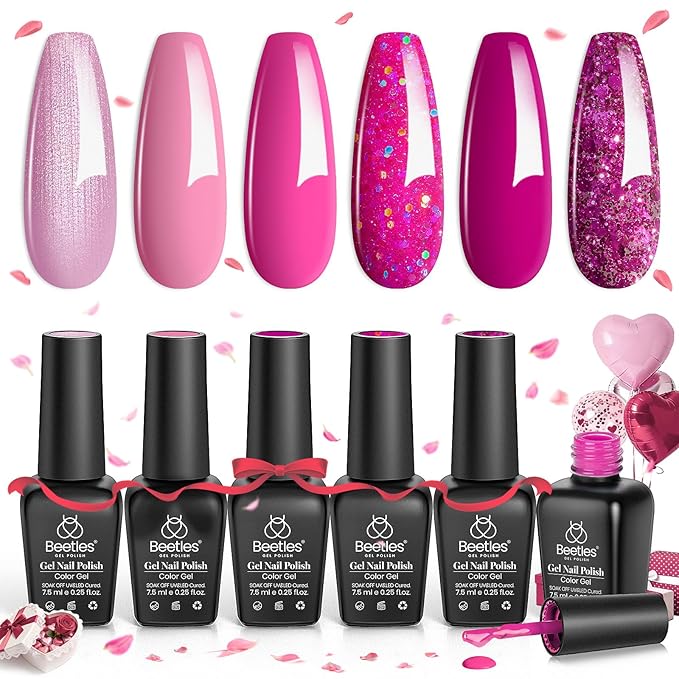 beetles Gel Polish Pink Angel - Valentine Gel Nail Polish Set Pink Rose Nude Glitter Sparkle Light 6 Colors Kit Soak off Uv Led Nail Art DIY Salon Home Gift for Women Girls