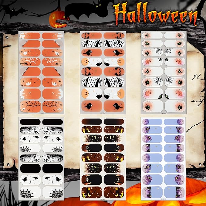 6 Sheets Halloween Nail Wraps Full Stickers Nail Polish Strips, DIY Self-Adhesive Nail Art Glow in The Darkness Decals Pumpkin Bat Ghost Spider with 1 Piece Nail Files for Party Decor (96 Pieces)