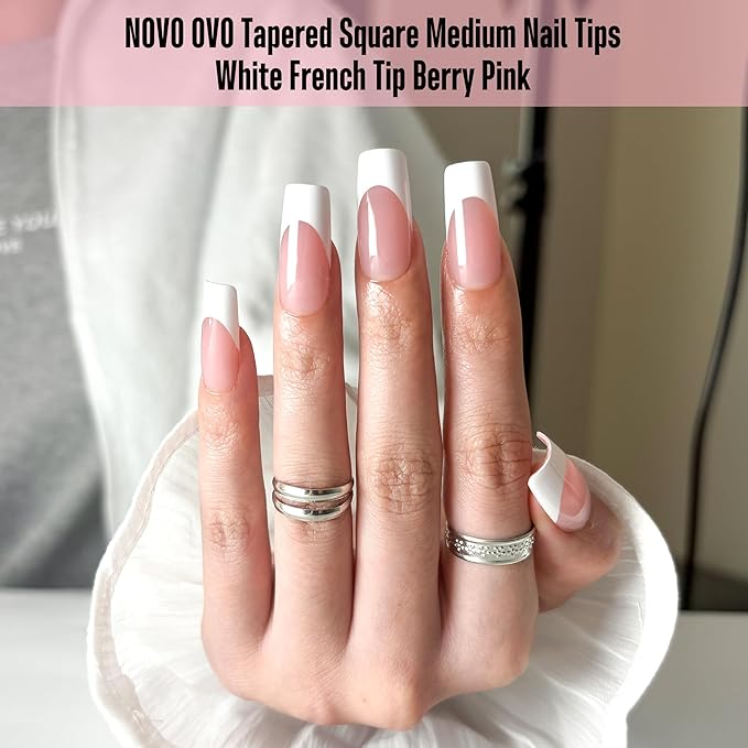 NOVO OVO White French Tip Medium Square Nail Tips Press on BERRY PINK, Extra Thick Soft Gel Fake Nail Acrylic Extension, Need Builder Gel Top Coat, No Glue Included, for Salon DIY 15 Sizes x 240 pcs