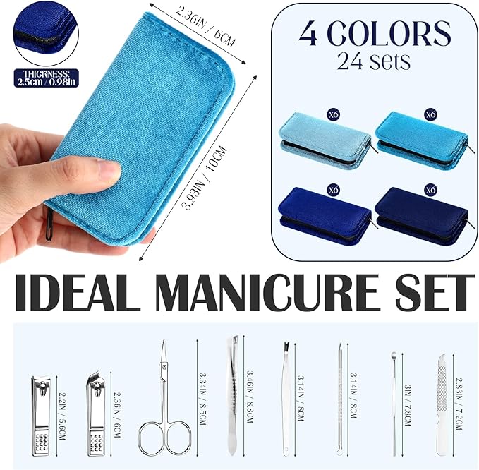 Coume 24 Sets Mini Manicure Set Bulk for Women Men Gifts for Coworkers Nail Grooming Kit 8 in 1 Nail Clippers Kit Luxurious Travel Case Stainless Steel Nails Clipper Set(Blue Series)
