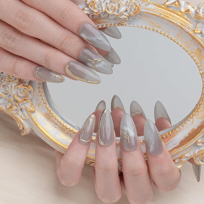 Sun&Beam Nails Handmade Press-on Medium Long Almond Blue Gold Ombre Hand-Painted Gradation Design Fashion False Nail Tips 10 Pcs Set (#230 L)