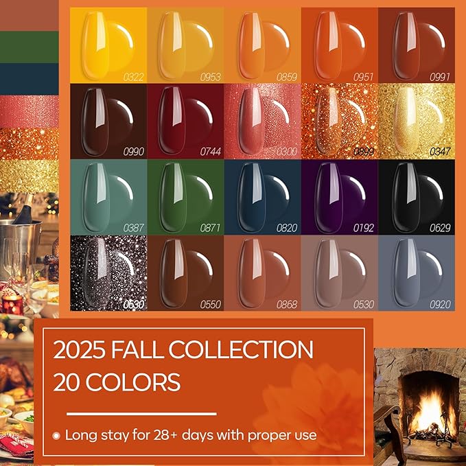 modelones 24PCS Fall Gel Nail Polish Kit, Red Brown Green Yellow Orange Gel Polish Set Soak Off Nail Polish Kit with Glitter, Glossy and Matte Top Base Coat DIY Manicure at Home
