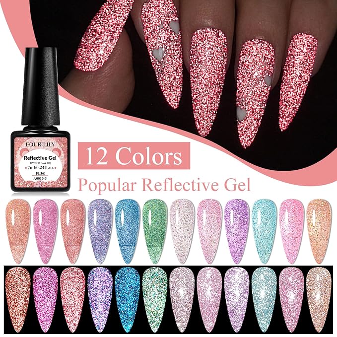 Reflective Glitter Gel Polish 12 Colors Sparkle Gel Nail Polish Set Diamond Shine Pink Purple Red Holographic Glitter Gel Soak off Uv LED Manicure Gifts for Women