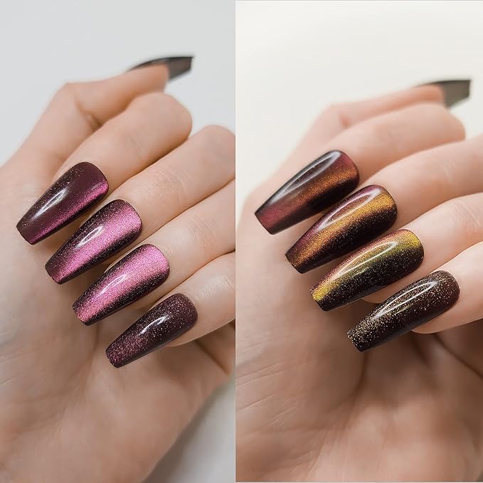 Hypnaughty 24 Pcs Galaxy Cat Eye Effect Magenta Color Changing Glossy And Sparkly Coffin Long Press On Nails With Nail Kit And Glue (Galaxy Cat Eye)