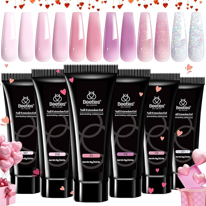 Beetles Poly Nail Gel Kit - 6 Colors (Rose Love) - Nude Pink Glitter - DIY Home Salon Gift for Women Girls