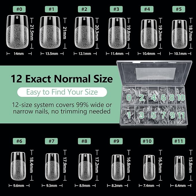 Short Square Nail Tips, 216pcs Acrylic Soft Fake Nails Gel Nail Tips, Full Cover Pre-Shaped Matte Clear Press on Nails for Extension, Diy at Home Manicure 12 Sizes