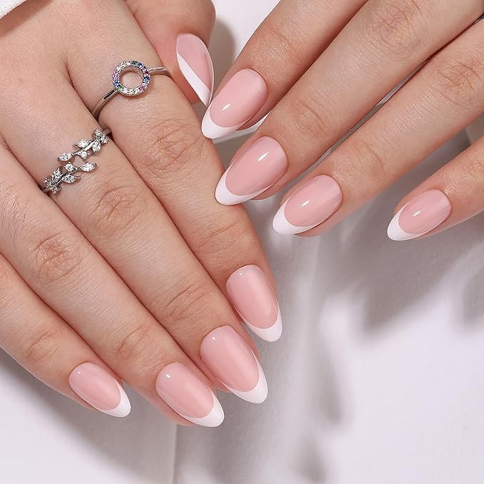 RTKHFZE Gel Press on Nails Short-French Tip Press On Nails Almond,Soft Gel Fake Nails for Women,Natural Reusable Stick On Nails in 16 Sizes - 32 False Nails Kit for Gift Idea