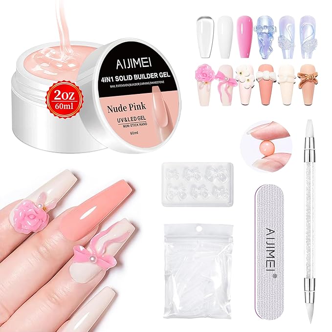 AIJIMEI Solid Builder Gel for Nails 2oz 60g Clear Hard Gel, Non-Sticky, 3D Sculpting, Nail Extension Flase Nail Thickening Solution 3D Sculpting (Nude)