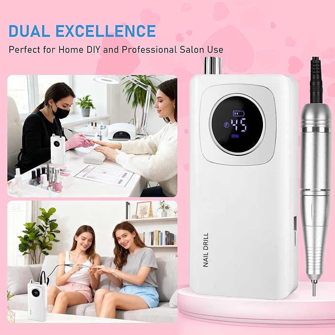 Portable Electric Nail Drill Professional 45000 RPM, Rechargeable Electric Nail File Machine Kit for Acrylic Gel Nails Polishing Removing, Quiet E-File with Bits for Manicure Salon Home