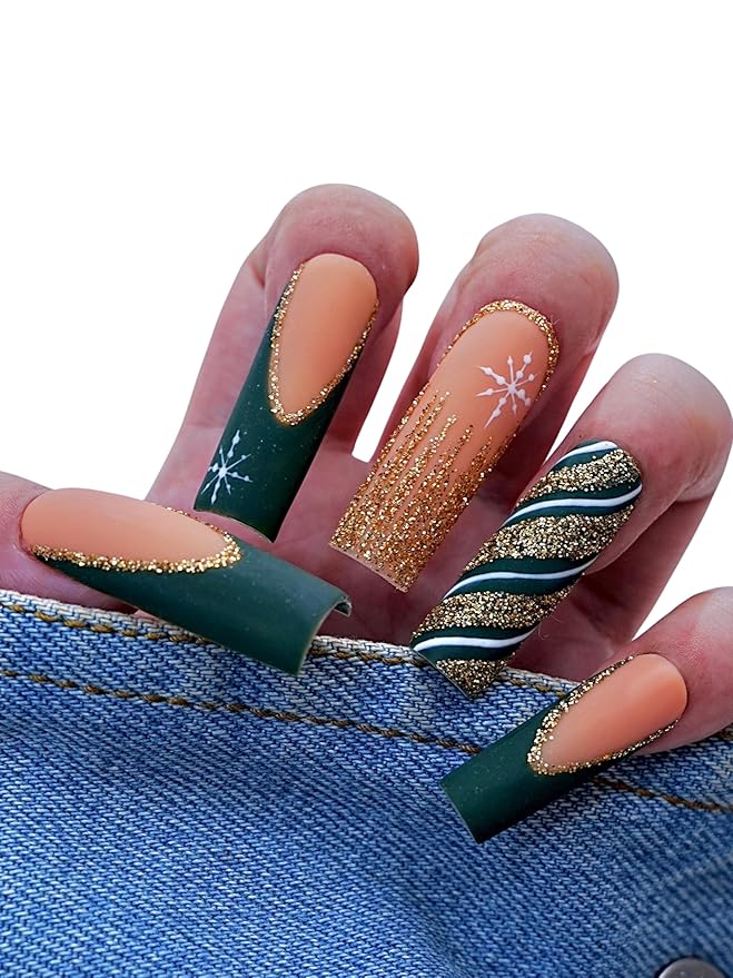 Euphrosyne Matte Press On Nails – 10pcs Medium Coffin Fake Nails in Nude Orange with Glitter Gold French Tips, Animal Print & Snowflake Accents