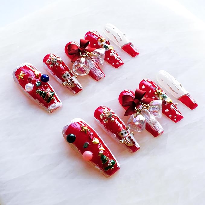 Christmas Press-On Nails, Long Ballerina Shape, Red and White Design with Snowman, Bows and Snowflakes, 10 Pieces (XS, LS)