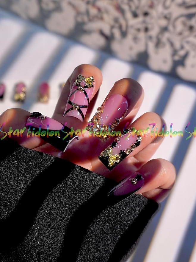 HAND-PAINTED White Press Ons Neon Small Press on Nails Long French Press on Nails Coffin Medium Short Nail art Fake Nail Art Kit with 7g Glue on Nails Handmade Almond Square Nails (TJ-14, Small)