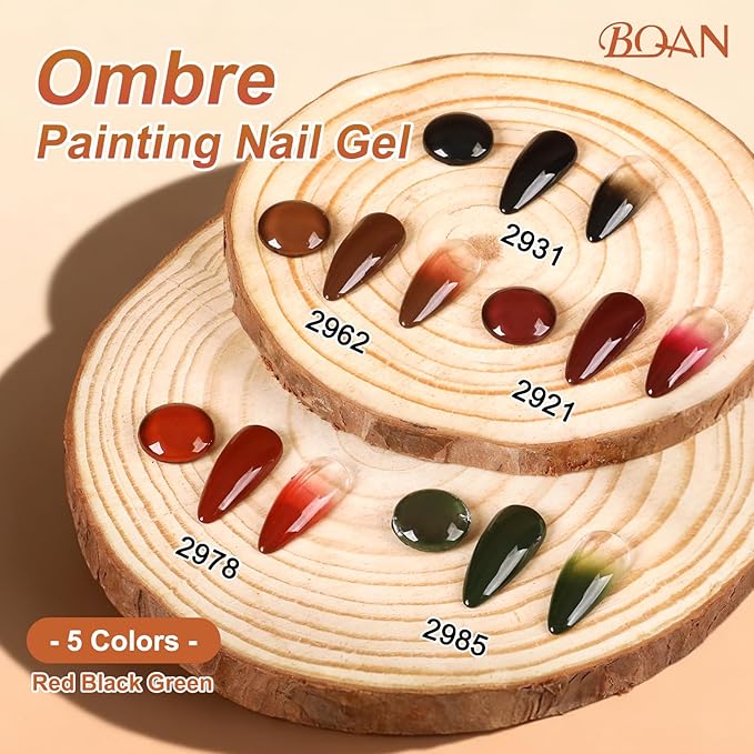 BQAN Patting Gel Polish Kit - Pro Ombre 5 Color Gradient Set with Sponges, Silicone Brush & Palette for French Aura Manicure Salon-Quality DIY Nail Art (Red Black Green Brown)