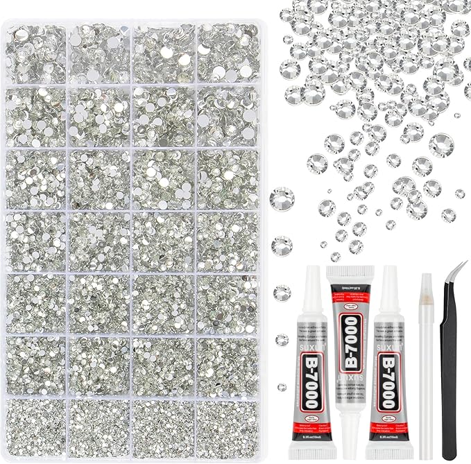 33000Pcs White Resin Jelly Rhinestones for Bedazzling, 2-6mm Flatback Gems for Diamond Art, Bedazzler Kit with 3Pcs 10ml B7000 Jewelry Glue for Crafting Crafts Nail Art