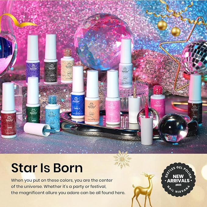 Beetles Nail Art Gel Liner Polish 12 Colors Reflective Glitter Gel Nail Polish, Gold Silver Pink Blue Purple Brown Black Kit Soak Off Uv Nail Art Design Set Summer Manicure Gifts for Women