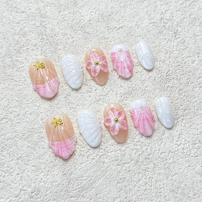 10 Pcs Short Almond Handmade Press on Nails with Glue,Luxury False Nails with 5D Flower Design Muti-Layer Gel False Nails Pink Reusable Acrylic Thick Nails Handmade Nail for Women(Size S)