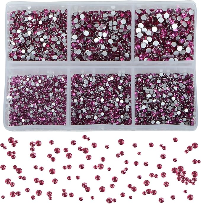Bymitel 7200 Pieces 6 Mixed Sizes Glue Fix on Glass Rhinestones Round Crystal Gems Flatback for DIY Jewelry Making with one Picking Pen(6-Sizes 7200PCS, Fuchsia)