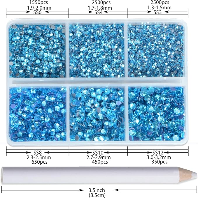 NCB Hotfix Iron on 8000pcs Crystal Rhinestones Round Gem for Crafts Decoration DIY Jewelry Making with a Picking Pen (Aquamarine, 6Sizes SS3-SS12)