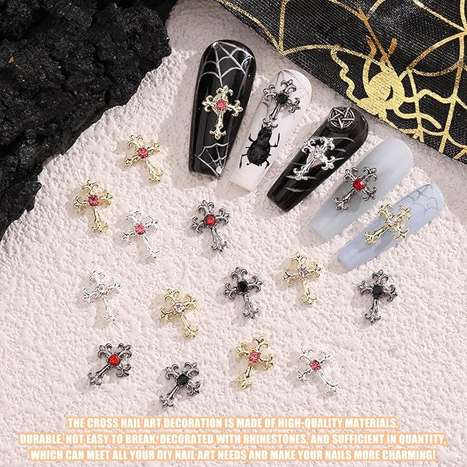 3D Cross Nail Charms, 60 Pcs Gold Silver Crystal Cross Nail Decorations for Nail Art, Metal Nail Rhinestones Cross Charms for DIY Design and Jewelry Making (60pcs Gold + Silver)