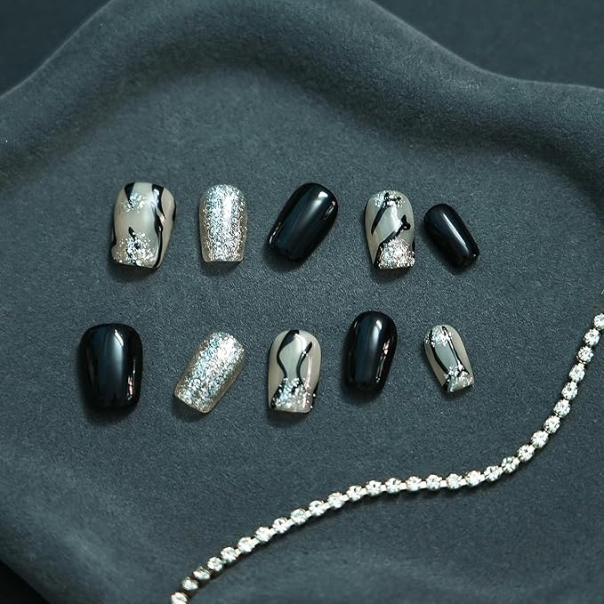 Marble Press on Nails, Handmade Short Coffin Black White 3D Glossy Acrylic Fake Nails Zebra Print with Silver Glitter Effects for Modern Art Nails (Zebra Stripe,M)