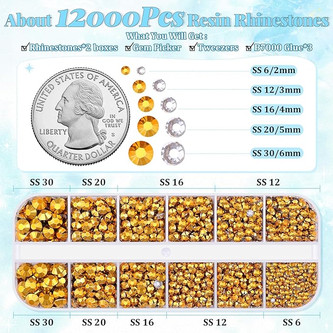 12000Pcs Resin Rhinestones for Bedazzling with 3Pcs B7000 Jewelry Glue, 2 Boxes Mine Gold Flatback Rhinestones for Crafting Crafts DIY, Crystals Gems for Clothing Shoes Tumblers Nail Art Makeup